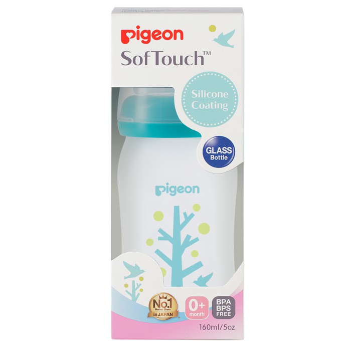 BÌNH SỮA CỔ RỘNG THỦY TINH BỌC SILICON HÌNH CÂY XANH PIGEON 160ML, 240ML