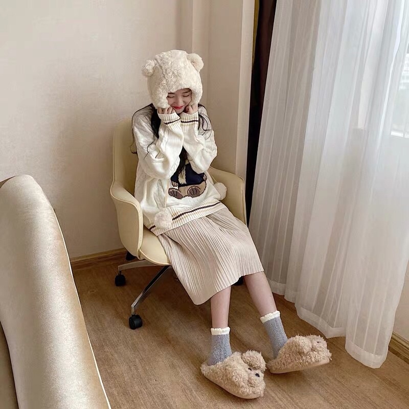 Dép bông đi trong nhà chống trượt giữ ấm mùa đông hình hoạt hình dễ thương phong cách Hàn Quốc