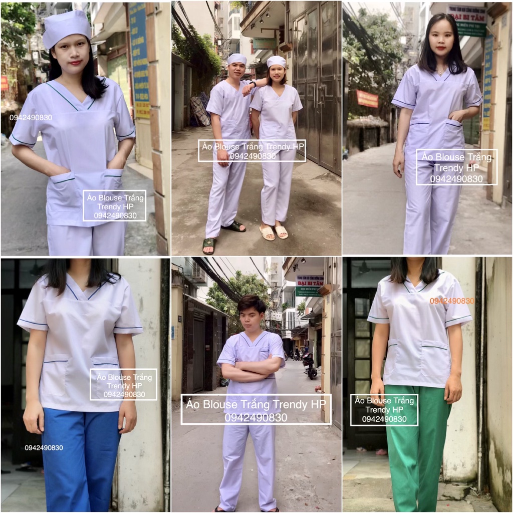 Bộ scrubs trắng cổ tim Nam Nữ - bộ blouse trắng cổ chui chữ V bác sỹ, dược sỹ, y tá, điều dưỡng