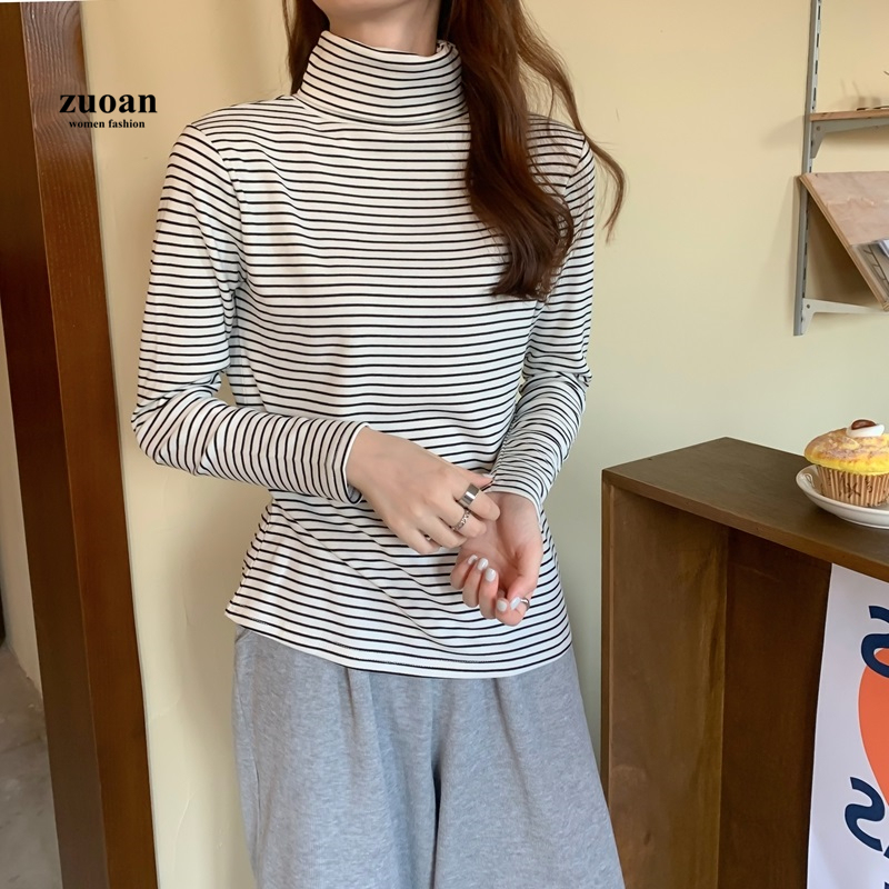SUXI Áo cổ cao tay dài họa tiết sọc ngang trơn đáng yêu thời trang cho nữ
