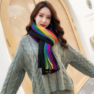Khăn Choàng Cổ Len Cashmere Kẻ Sọc Cầu Vồng Xinh Xắn Ấm Áp Cho Nữ Kiểu Hàn Quốc