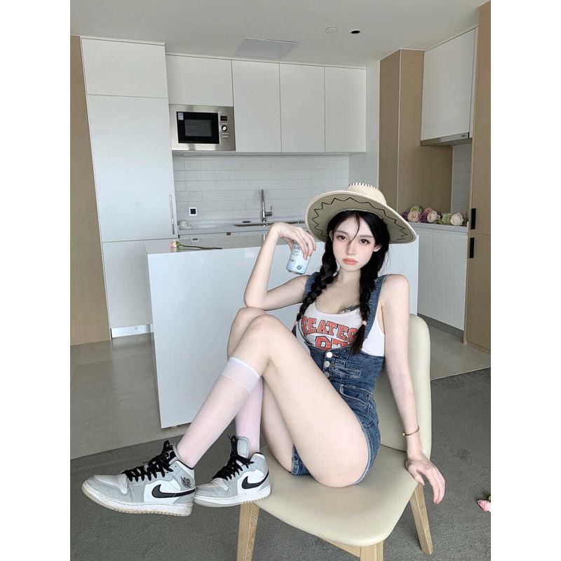 [LININ] Quần Yếm Denim Ngắn Mỏng Dáng Ôm Lưng Cao Ống Thẳng