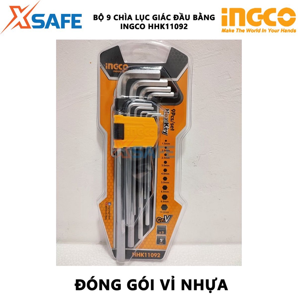Bộ 9 chìa lục giác đầu bằng INGCO HHK11092 Bộ lục giác 9 chi tiết thép CR-V, size 1.5-10mm, chịu nhiệt mạ thép chrome