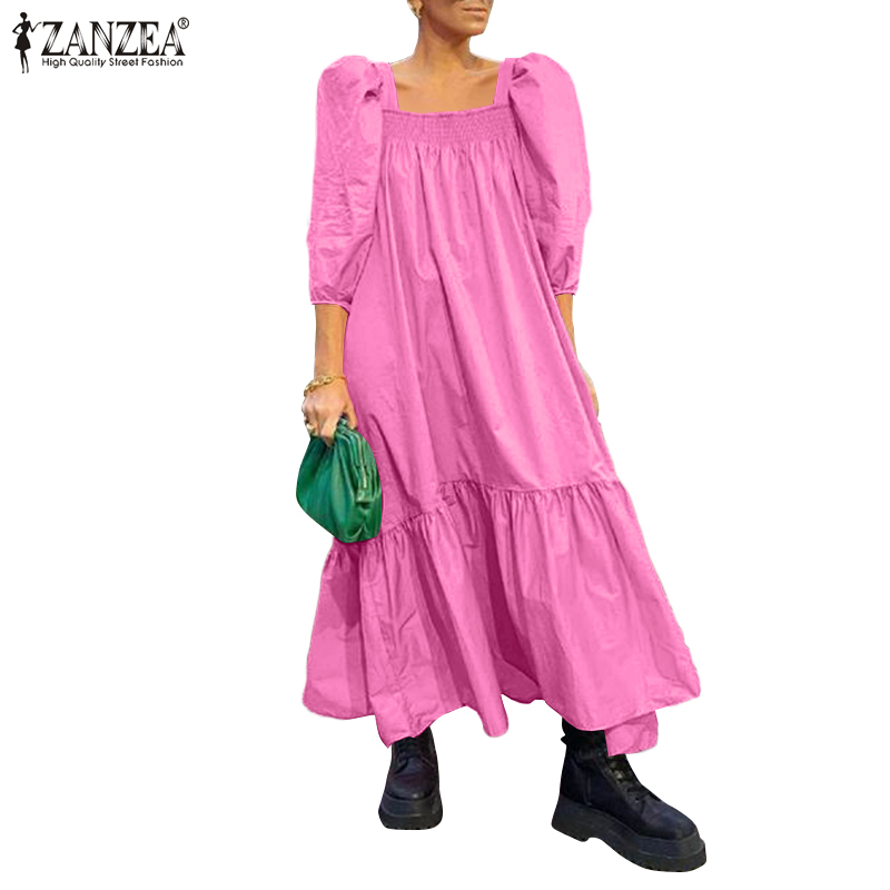 Váy Maxi ZANZEA Tay Phồng Cổ Vuông Kiểu Dáng Thời Trang Dành Cho Nữ