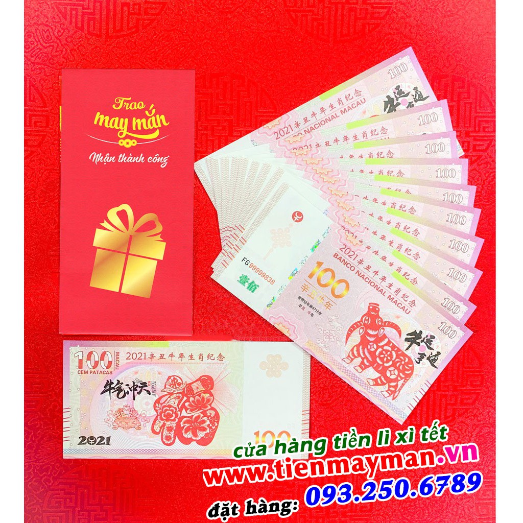 Combo 10 Tờ Tiền Lưu Niệm 100 Dollar Macao Hình Con trâu - Quà Tặng Lì Xì Tết Tân Sửu 2021 - kèm 10 bao lì xì