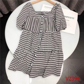 Váy bbd kẻ khuy tay bồng
