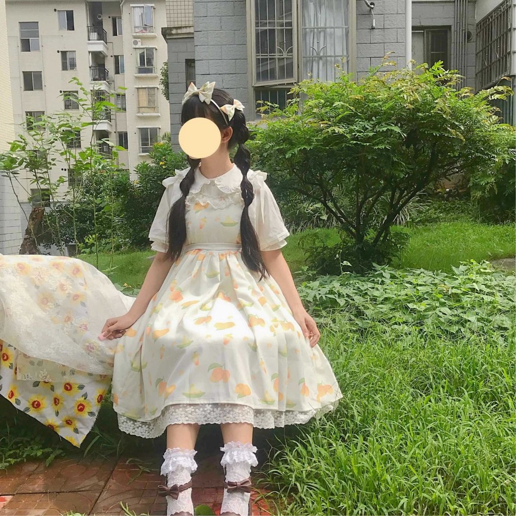 Đầm Lolita Hai Dây Vải Cotton Họa Tiết Xoài Dễ Thương Cho Nữ váy babydoll