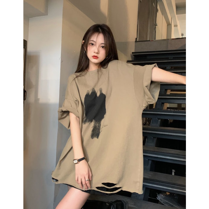 Giảm Giá Đặc Biệt Bán Chạy ~ Áo Thun Tay Ngắn Dáng Rộng Phối Rách Phong Cách Xuân Hè Dễ Phối Đồ Cho Nữ