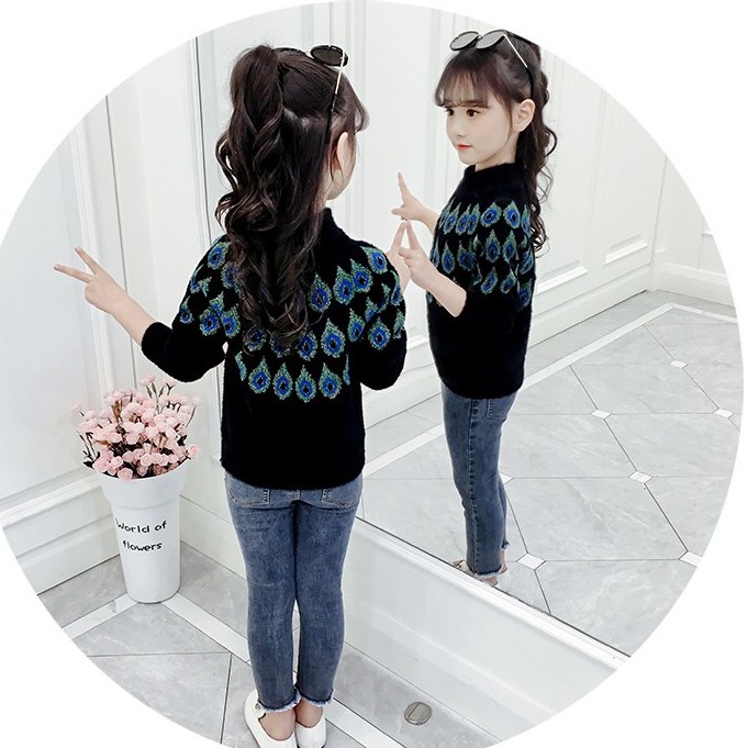 Áo len bé gái lớn họa tiết lông công siêu đáng yêu size 15-40kg [AL16]