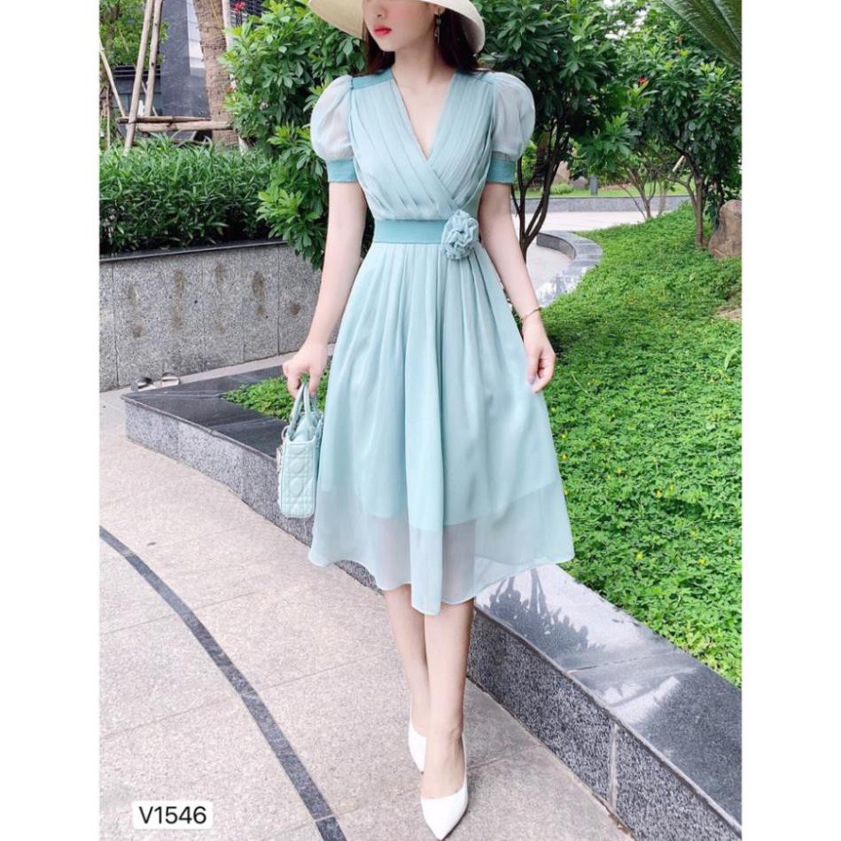 Váy nữ 💗 Đẹp DVC ❤️ Đầm xanh xếp ly V1546 | BigBuy360 - bigbuy360.vn