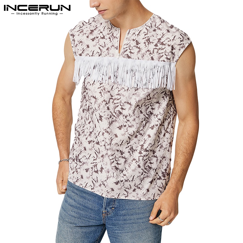 INCERUN Áo Ba Lỗ Khóa Kéo In Hoa Phối Tua Rua Phong Cách Vintage Cho Nam