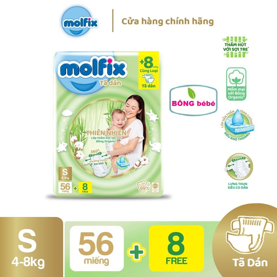 Tã dán Molfix thiên nhiên an toàn bông tự nhiên - Jumbo S (4kg - 8kg) - Gói 56+8 miếng