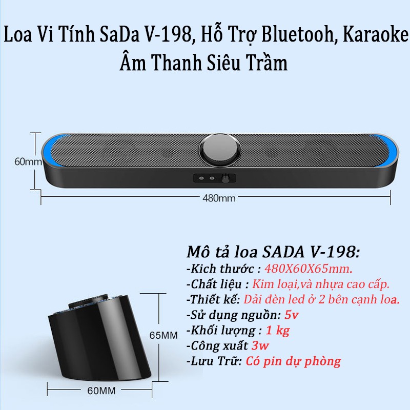 Loa Thanh Gaming Soundbar SADA V-198 Hỗ Trợ Bluetooth, Karaoke, Hiệu Ứng Đèn Led Dùng Cho Máy Vi Tính PC, Laptop, Tivi