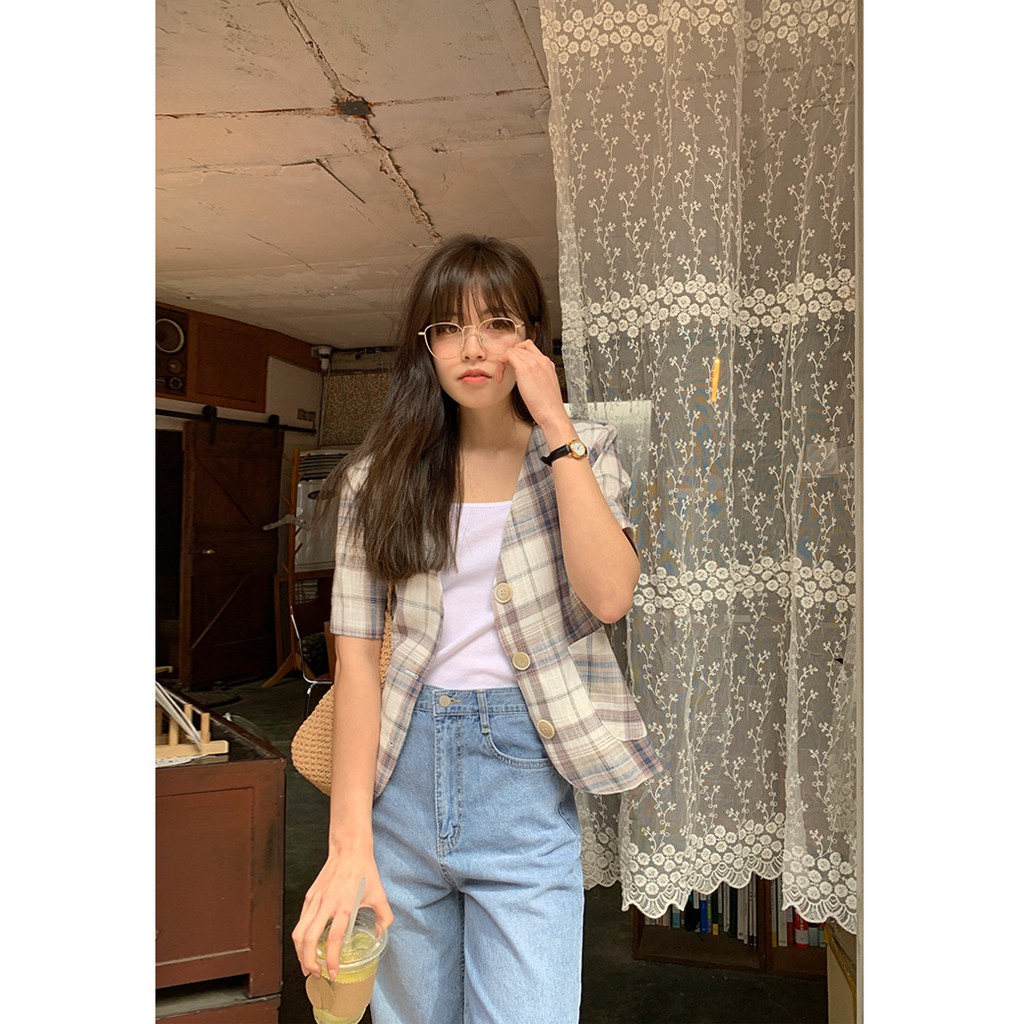 Áo Vest Blazer 3 cúc Cổ V Form rộng Phối túi Kẻ sọc caro Áo Vest Blazer nữ Ngắn tay Ulzzang Hàn Quốc Thời trang | BigBuy360 - bigbuy360.vn