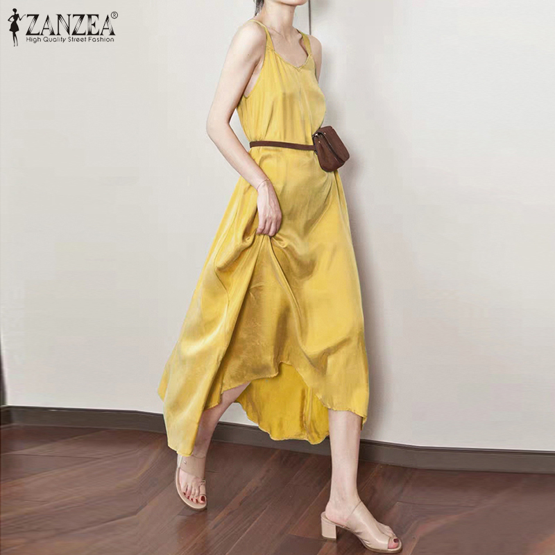 Đầm Dài ZANZEA Dáng Rộng Không Tay Cổ Chữ V Vải Cotton Màu Trơn Cho Nữ | BigBuy360 - bigbuy360.vn