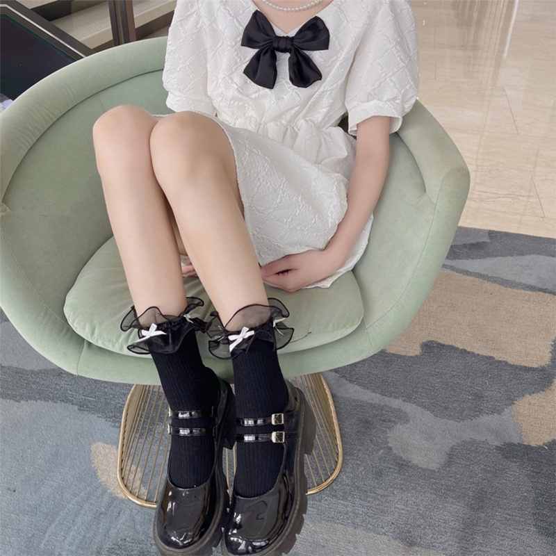 Xiangbao Vớ Cotton Ngắn Phối Vải Tuyn Đính Nơ Dễ Thương Phong Cách Harajuku Nhật Bản Cho Nữ