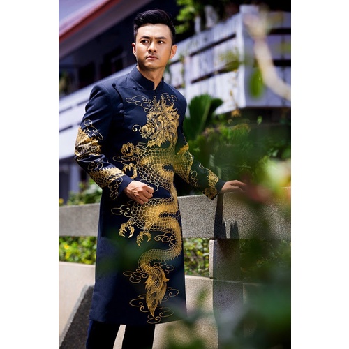 ADN1236 Áo Dài Cách Tân NAM MÀU XANH ĐEN VẼ HỌA TIẾT RỒNG VÀNG