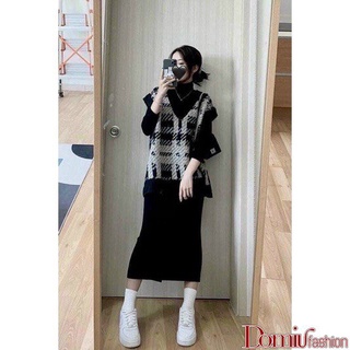 Áo gile len nữ họa tiết kẻ ô viền đen - domiu gl13