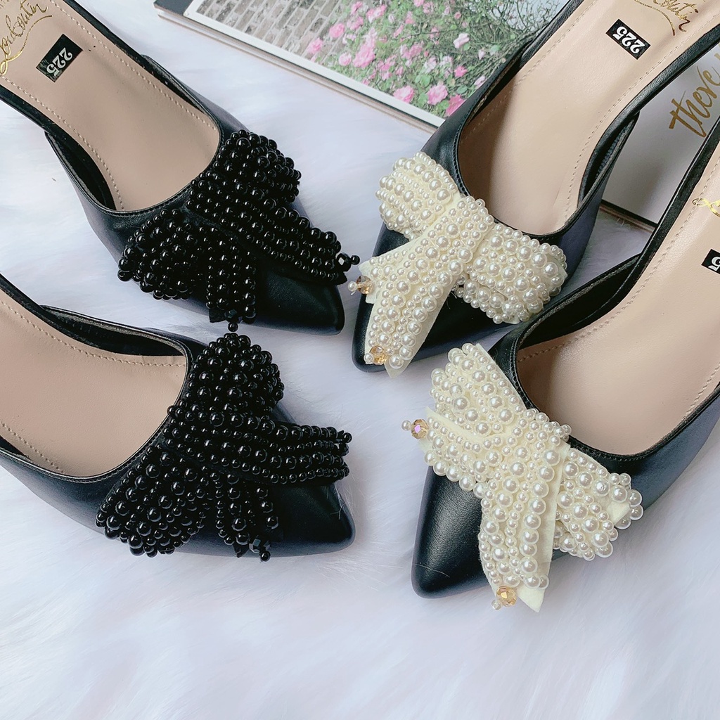 Giày sục chụm ngọc trắng gót nhọn 5p da lộn đẽ đi hót hòn họt