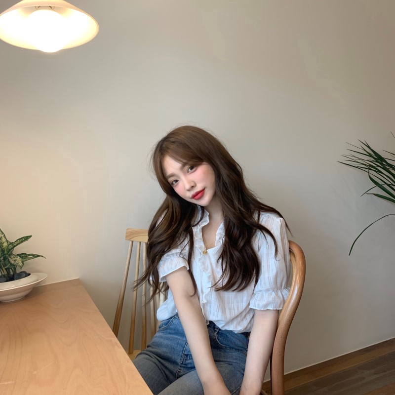 SUXI Áo Kiểu Tay Ngắn Phồng Cổ Chữ V Dáng Rộng Phong Cách Hàn Quốc