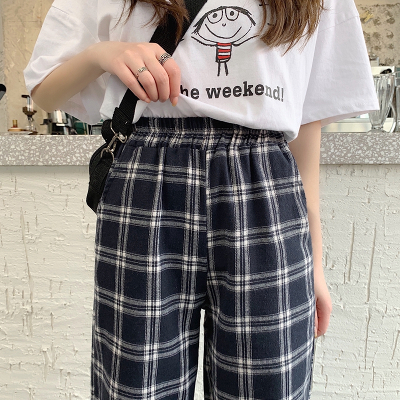 SUXI Quần Dài Ống Rộng Họa Tiết Ca Rô Thời Trang Dành Cho Nữ