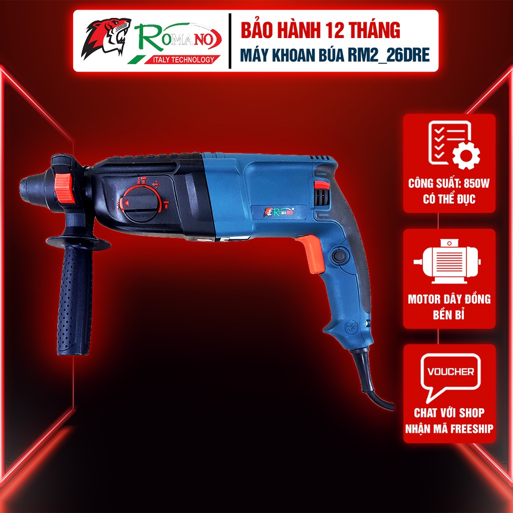 Máy khoan búa cầm tay Romano RM2_26DRE, công suất 850W, hộp nhựa, đủ bộ phụ kiện
