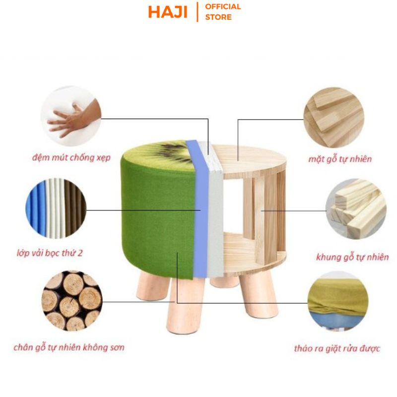 Ghế đôn HAJI chân gỗ sồi chống trầy sàn hoạ tiết trái cây xinh xắn GĐHQ