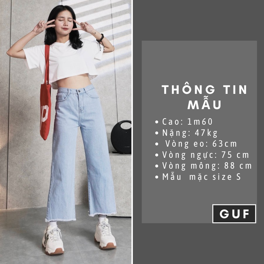 Quần Jean Nữ Ống Rộng Dáng Xuông Lửng Cạp Lưng Cao Màu Xanh Trơn Basic Thương Hiệu GUF | BigBuy360 - bigbuy360.vn