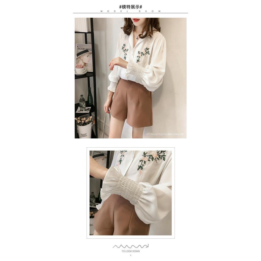 Áo Sơ Mi Nữ Tay Dài Dáng Rộng Thêu Hoa Phong Cách Hàn Quốc