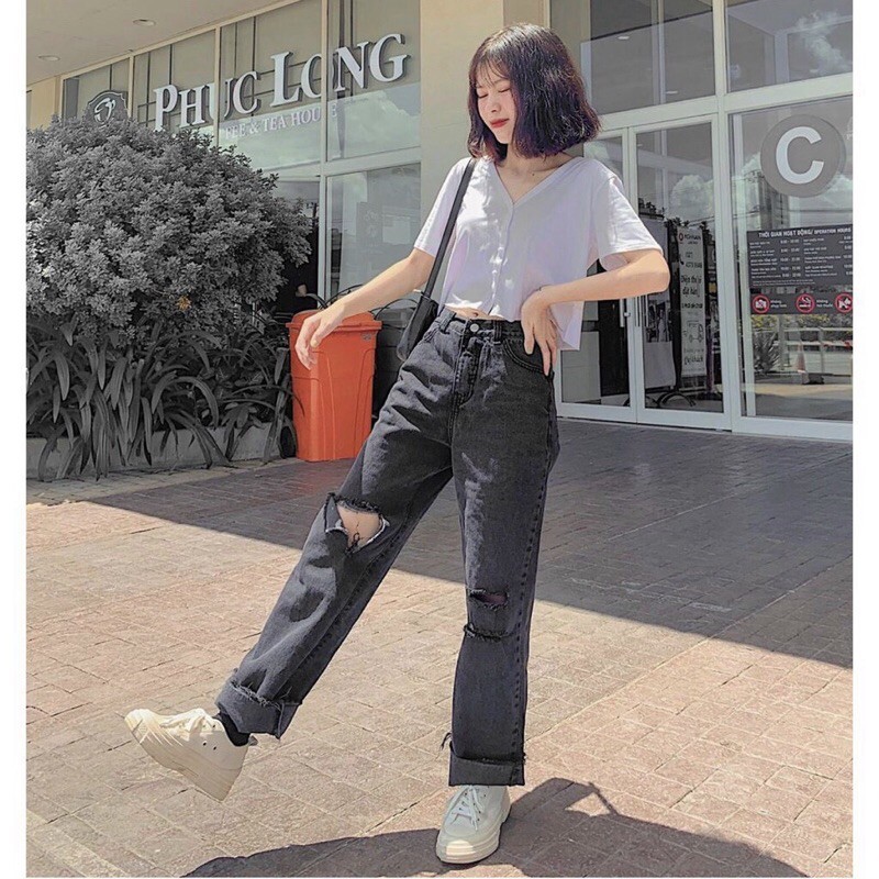 Áo croptop rộng cài nút cổ V có viền ulzzang | BigBuy360 - bigbuy360.vn