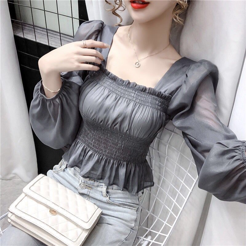 Áo Kiểu Tay Dài Và Phồng Bằng Voan Cổ Vuông Cho Nữ