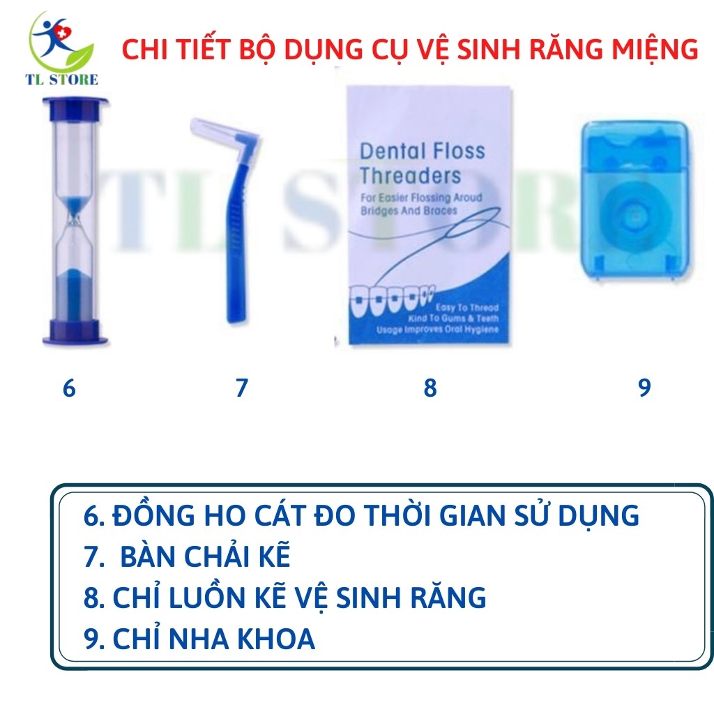 Bộ dụng cụ vệ sinh răng miệng (sáp nha khoa, chỉ nha khoa, bàn chải đánh răng, bàn chải kẽ,…) 8 dụng cụ/hộp