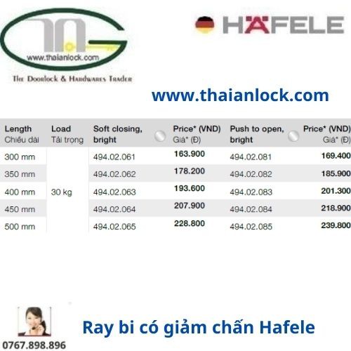 Ray bi có giảm chấn DIY Hafele 494.02.061, 49402.062, 494.02.063, 494.02.064, 494.02.065