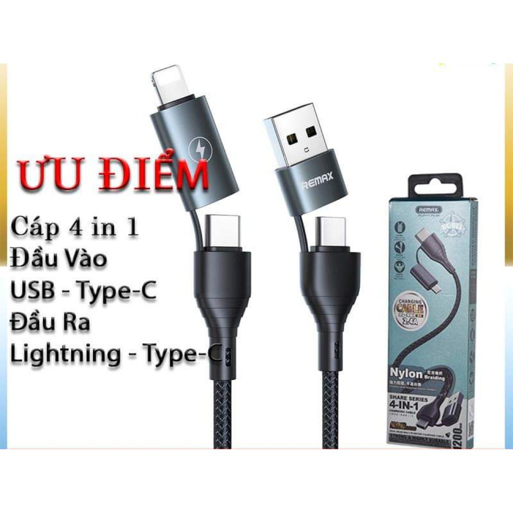 🌟CHÍNH HÃNG🌟 Cáp Sạc Nhanh Đa Năng 4 in 1 Remax RC 011 Đầu USB Type-C Ra Chân Lightning Và Micro Chính Hãng