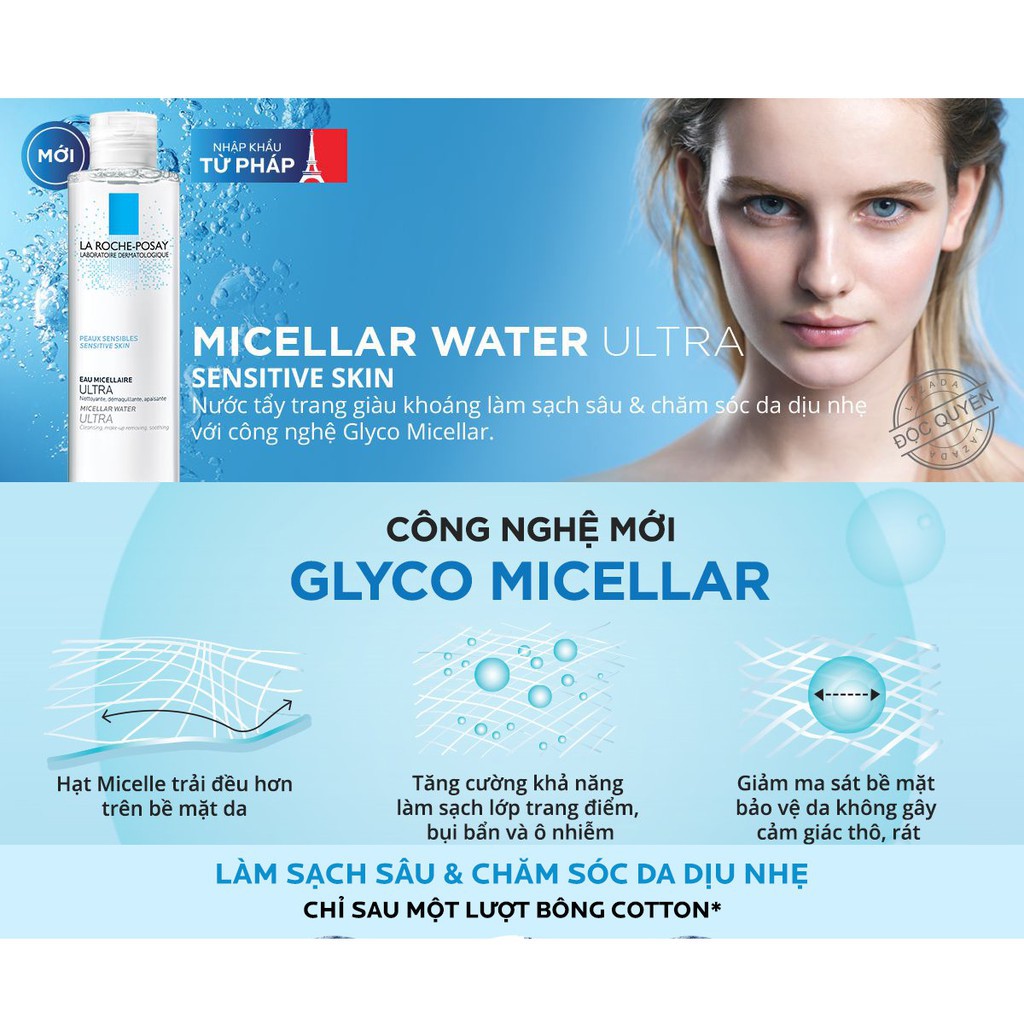 [50ml] Nước làm sạch sâu và tẩy trang La Roche-Posay Micellar Water Ultra Sensitive Skin cho da nhạy cảm 50ml