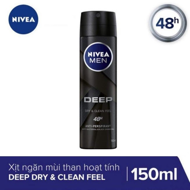 Xịt khử mùi Nivea Men Deep Dry &amp; Clean Feel than đen hoạt tính (150ml)