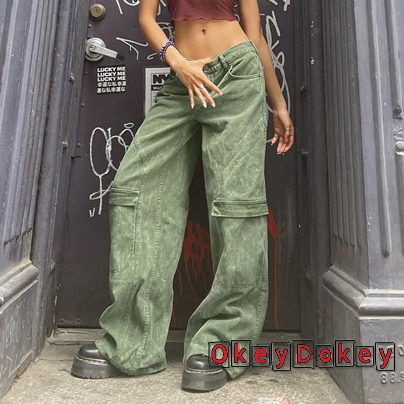 Odokey Quần Baggy Lưng Thấp Phối Túi Phong Cách Vintage Cho Nữ