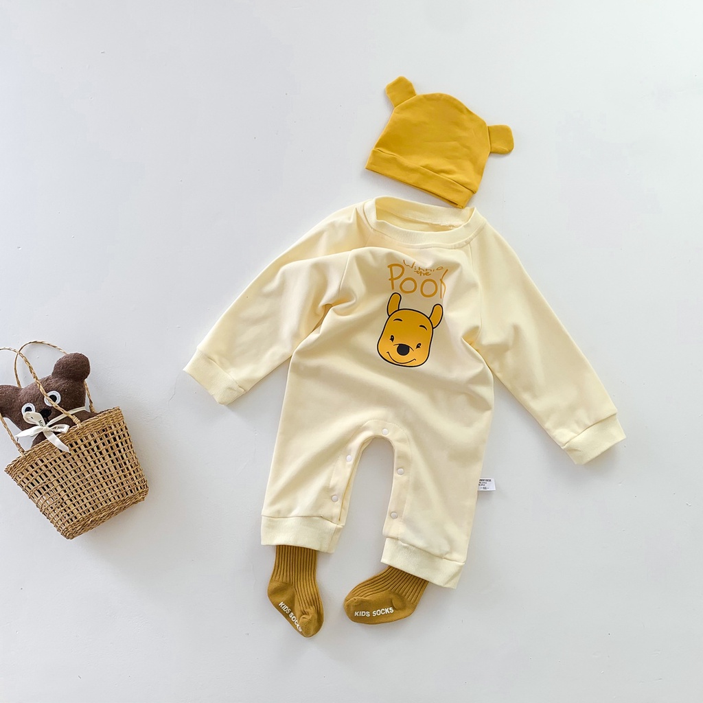 Bộ đồ liền thân bằng vải cotton dài tay + có mũ phong cách mùa thu cho trẻ sơ sinh 0-2 tuổi