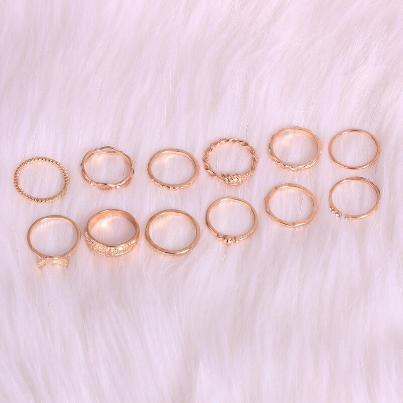 Set 12 chiếc nhẫn màu vàng kim phong cách vintage cá tính cho nữ