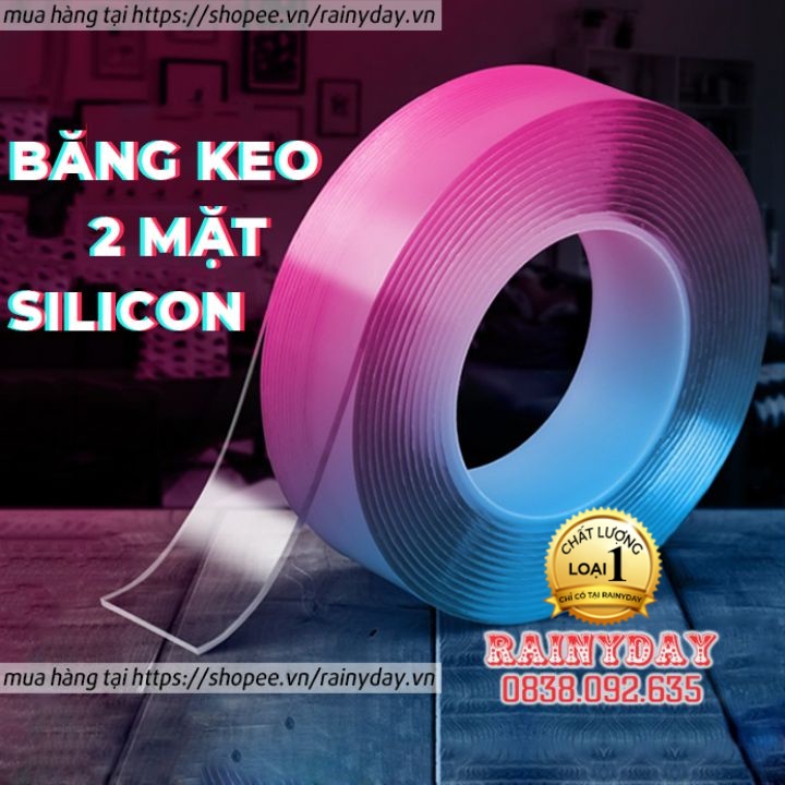 Băng keo 2 mặt, băng dính 2 mặt siêu dính hai mặt silicon trong suốt dán tường đa năng dài 3m