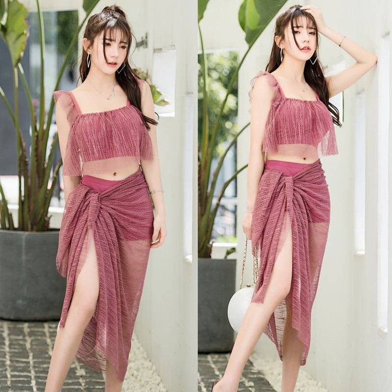  Sexy Bikini Swimsuit Solid Color Split Bikini Three-Piece Suit With Steel Bracket Push Up Korean Ins Swimsuit For Women New 连体泳衣 ins超仙网红 性感保守 三件套 比基尼 性感连体泳衣 韩版小清新