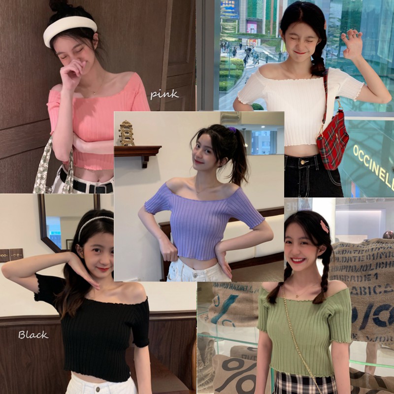 Áo Croptop Dệt Kim Tay Ngắn Thiết Kế Trễ Vai Nữ Tính