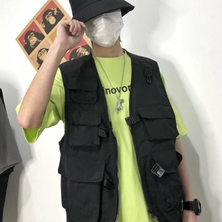Áo khoác ghi lê màu đen nhiều túi phong cách hip hop cho nam