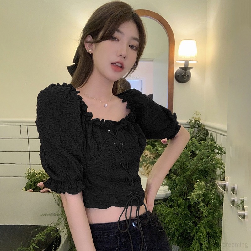 Áo Croptop Áo Kiểu Trễ Vai Màu Sắc Ngọt Ngào Thiết Kế Mỏng Xinh Xắn Thời Trang Dành Cho Nữ