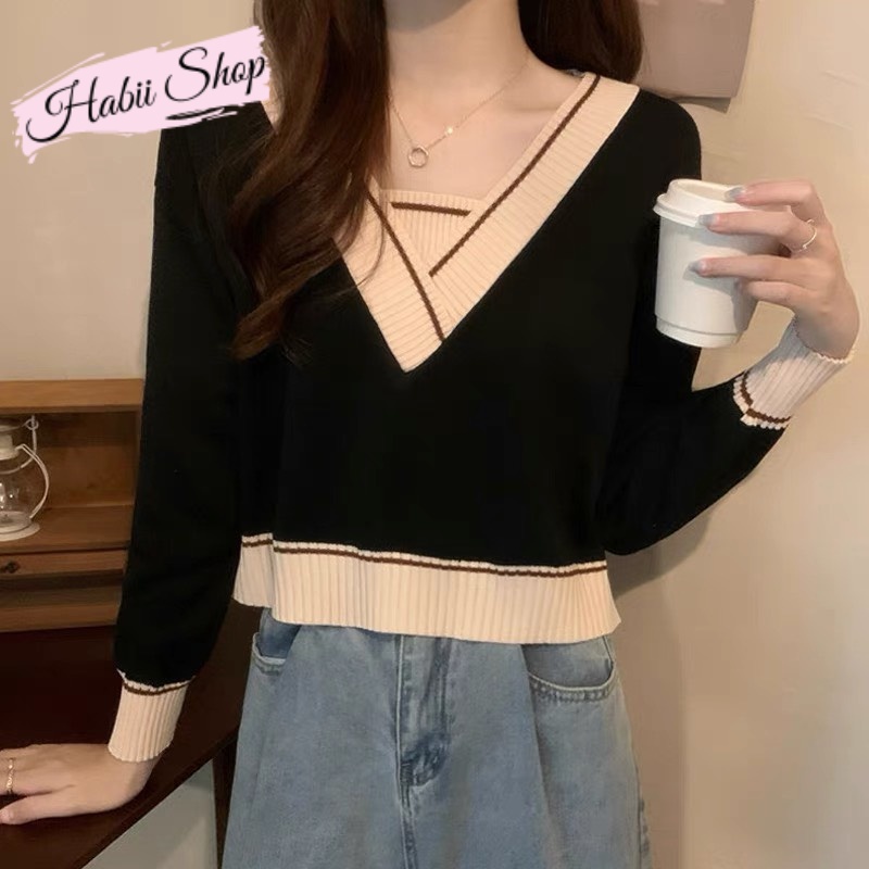 Áo len nữ cao cấp croptop cổ V - Áo len nữ dài tay kiểu Hàn Quốc HABII AL01