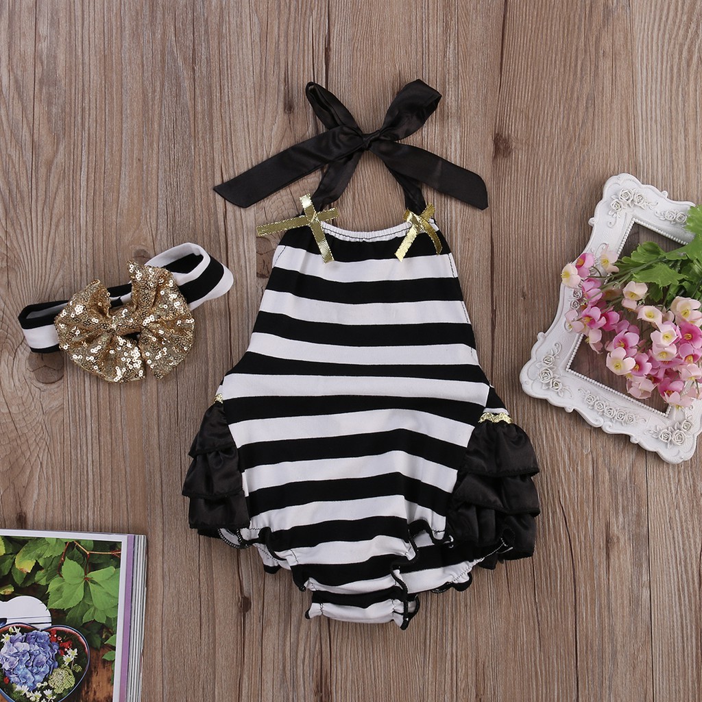 ❤XZQ-Baby Girls Striped Backless Romper+Headband Set