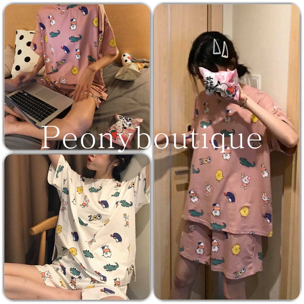 Set Cộc Tay Icon Zoo PEONYB Nữ [FREESHIP] 🌸 Bộ áo thun form rộng, quần short ngắn cute, sooc ngủ mặc ở nhà Ulzzang HOT 🌸 | BigBuy360 - bigbuy360.vn