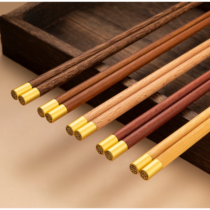 Bộ 5 đôi đũa gỗ nhiều màu đuôi họa tiết mạ vàng T24