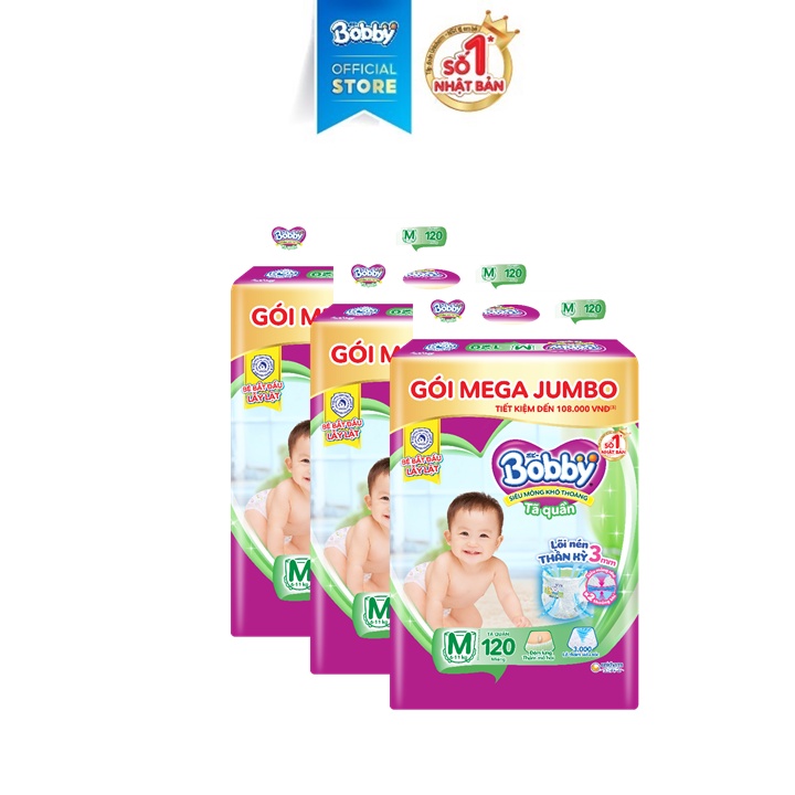 Combo 3 Tã quần Bobby mới Mega Jumbo M120 - Lõi nén thần kì 3mm