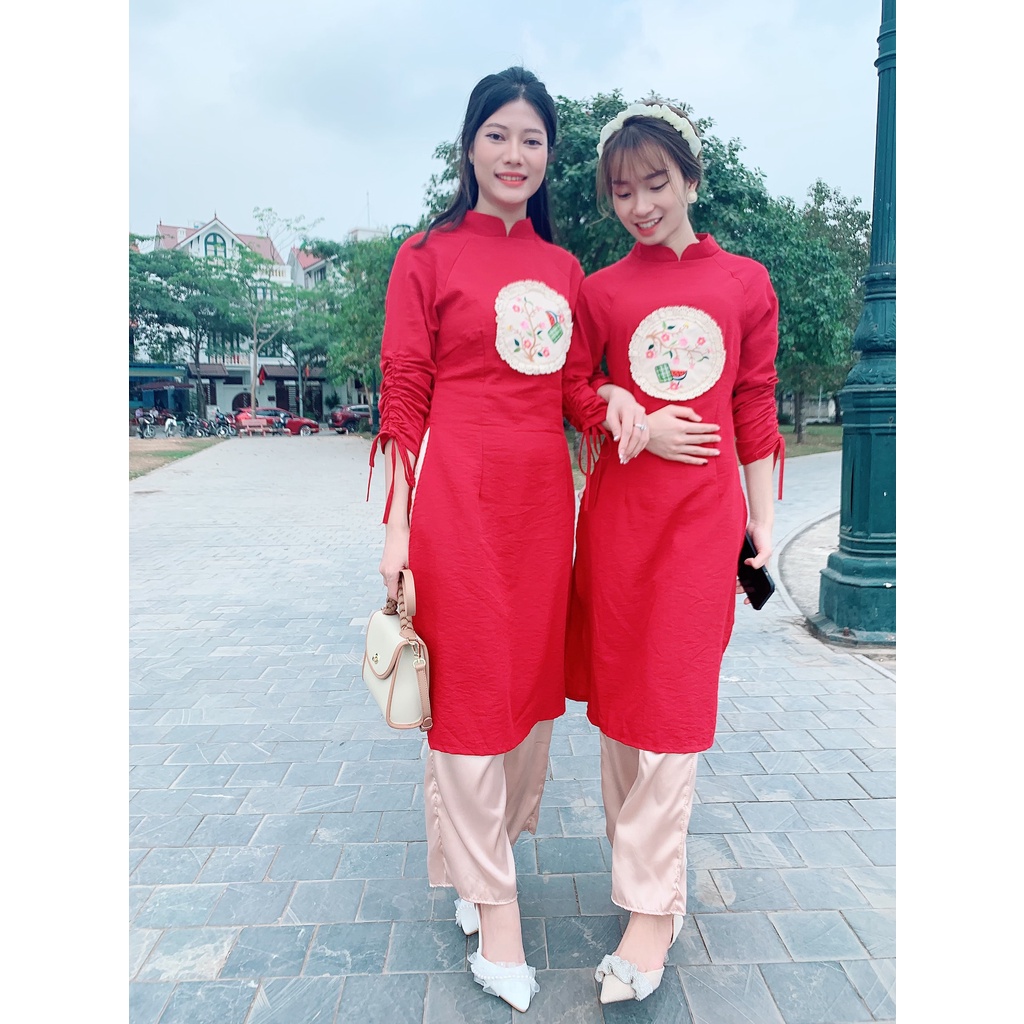 Áo dài cách tân, váy đôi mẹ bé chất đũi tằm mướt nhẹ, đầm màu đỏ diện tết chụp ảnh xuân rất tôn dáng - bavatu. | BigBuy360 - bigbuy360.vn